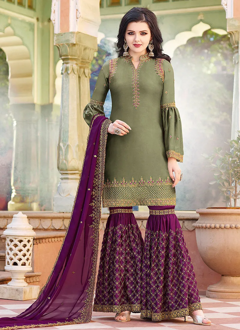 Green And Magenta Embroidered Gharara Suit