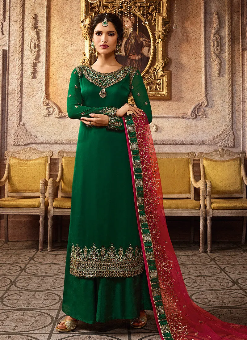 Green And Maroon Embroidered Palazzo Suit