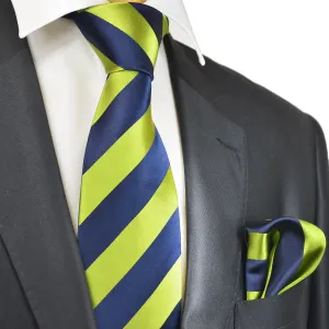 Green and Navy Striped Silk Necktie Set by Paul Malone