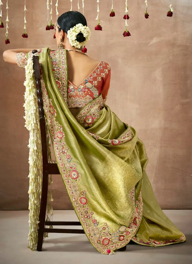 Green And Orange Multi Embroidery Tissue Silk Saree