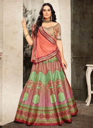 Green And Peach Embroidered Wedding Lehenga/ Gown