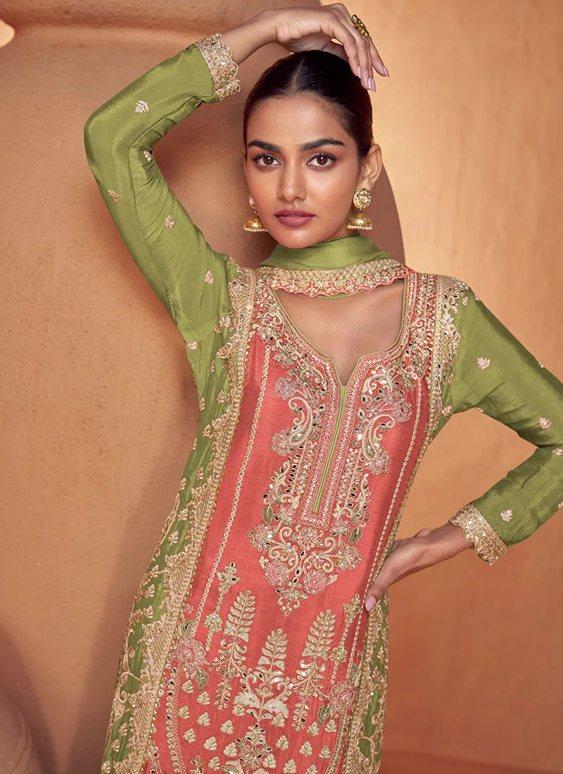 Green And Peach Multi Embroidered Gharara Style Suit