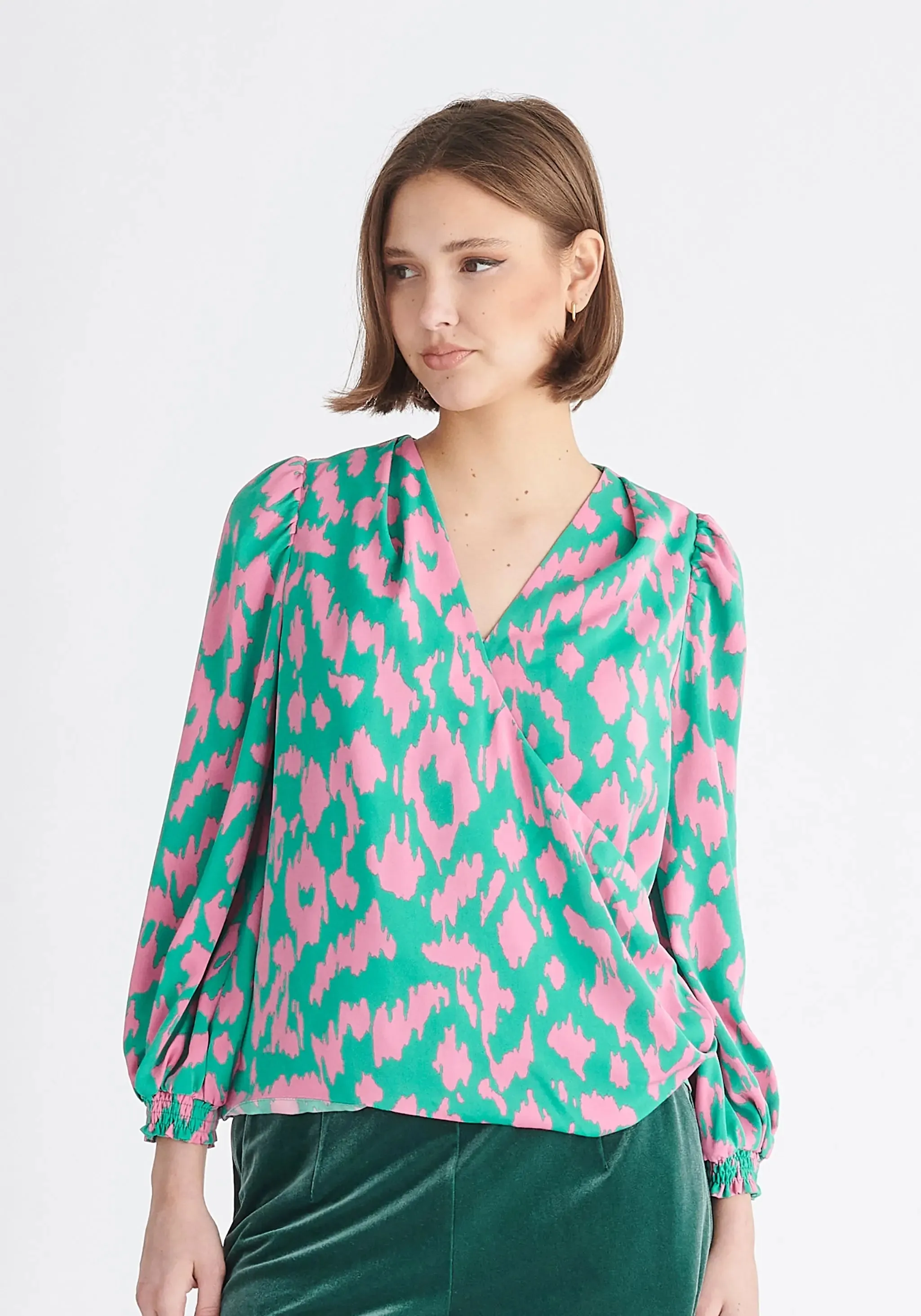 Green and Pink Animal Print Wrap Blouse