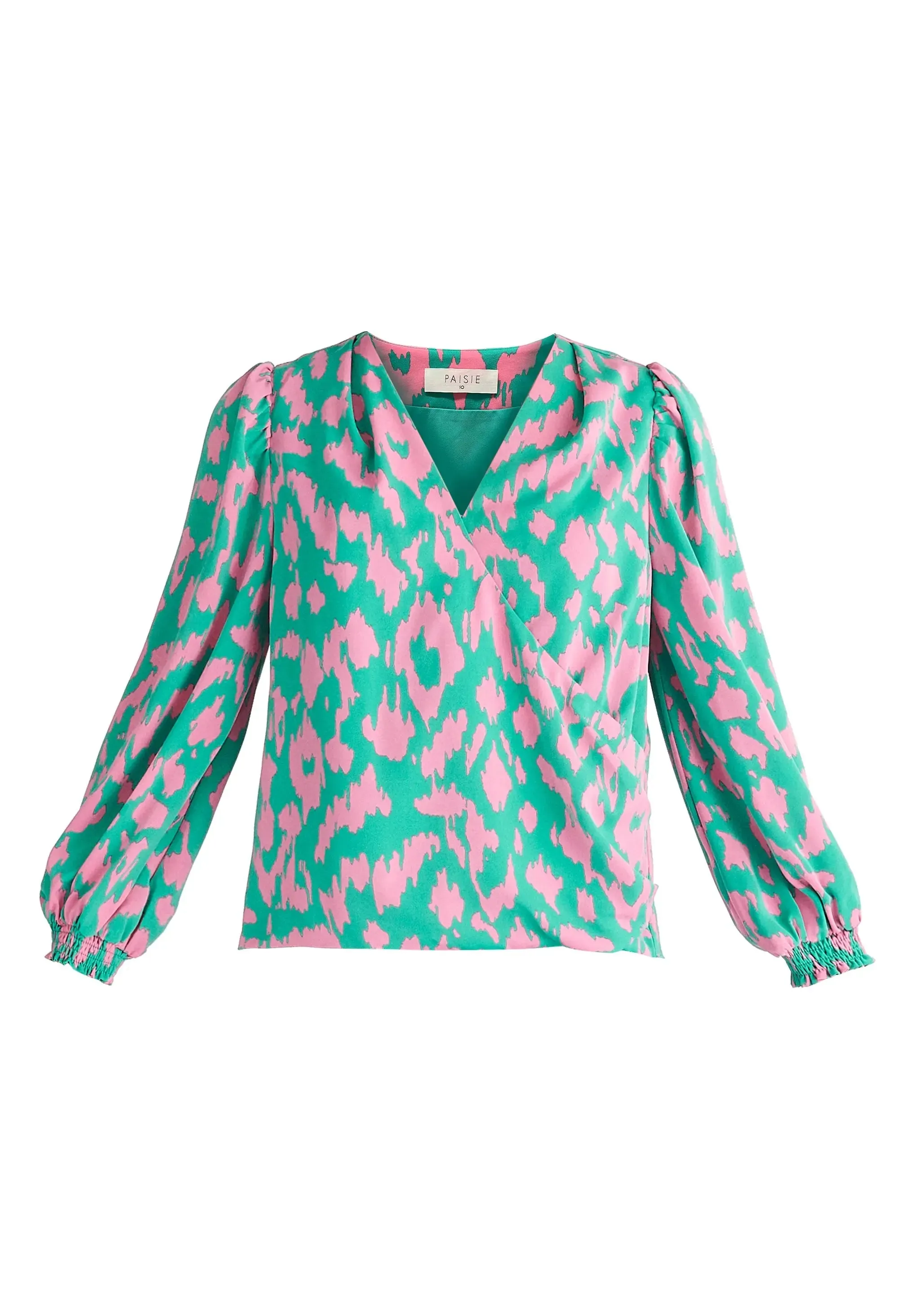 Green and Pink Animal Print Wrap Blouse