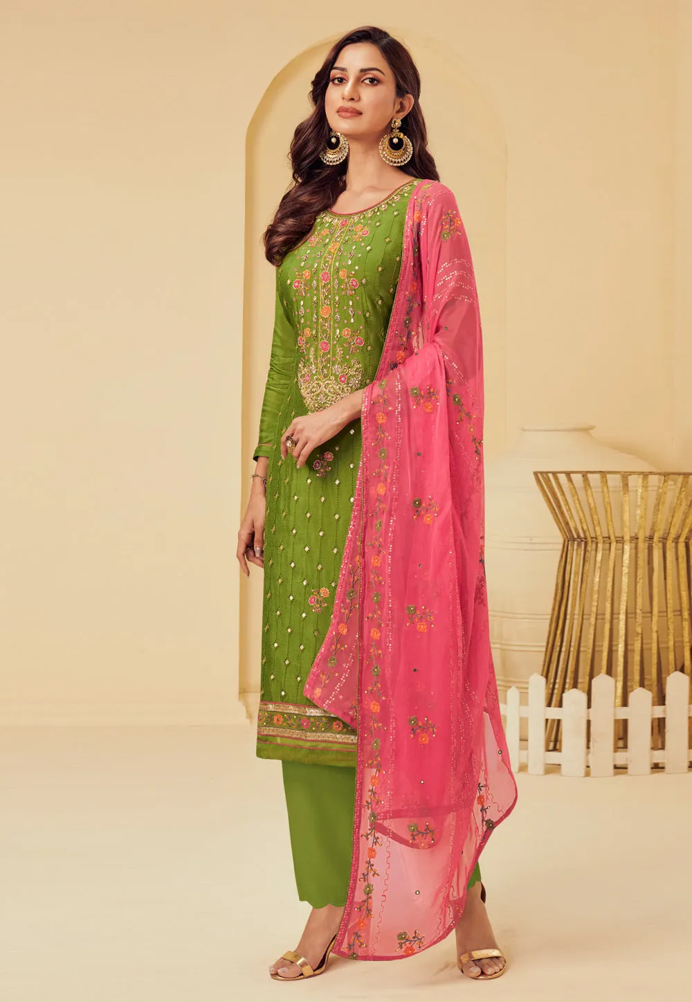 Green And Pink Embroidered Pakistani Pant Suit