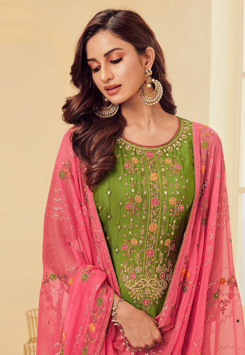 Green And Pink Embroidered Pakistani Pant Suit