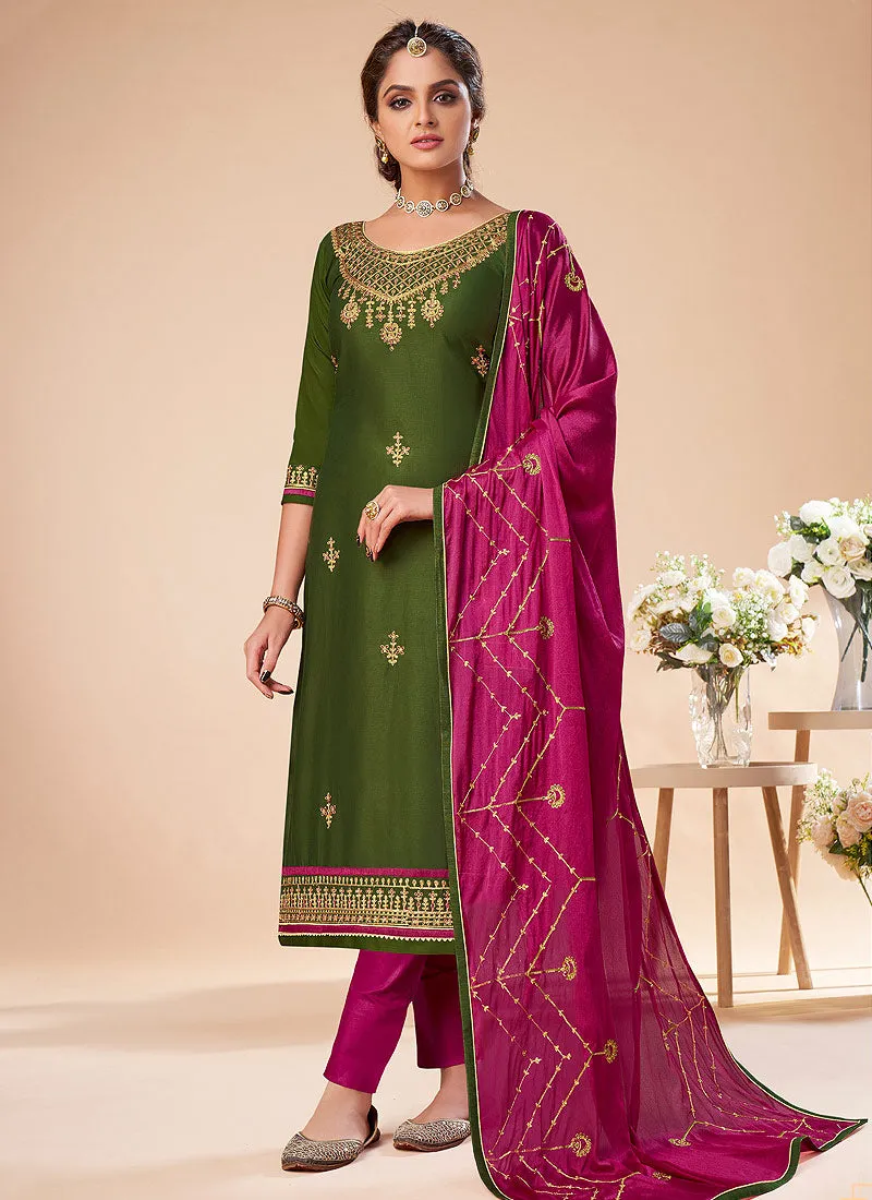 Green And Pink Embroidered Salwar Suit