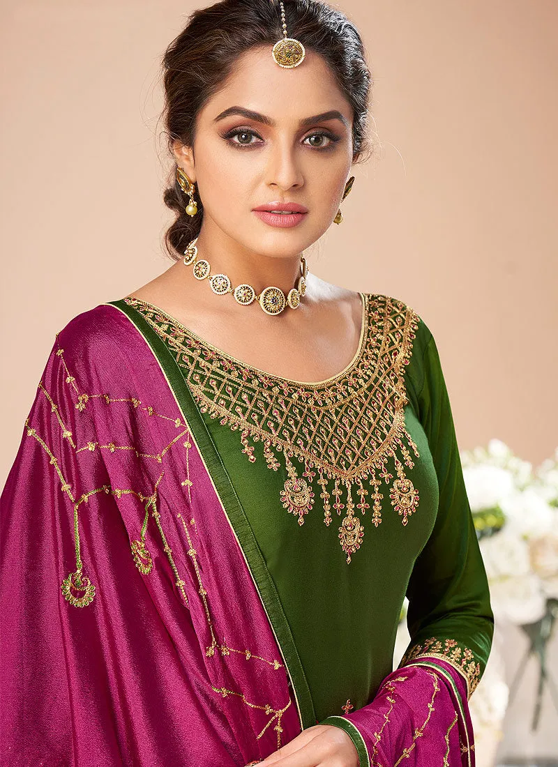 Green And Pink Embroidered Salwar Suit