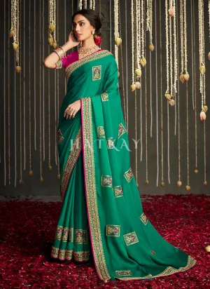 Green And Pink Embroidered Satin Silk Saree