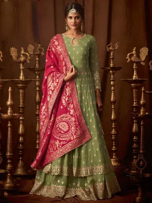 Green And Pink Embroidered Wedding Anarkali Lehenga Suit