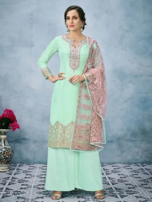 Green And Pink Lucknowi Embroidered Ethnic Palazzo Suit