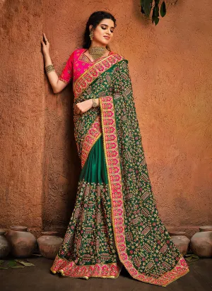 Green And Pink Multi Embroidered Designer Saree