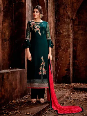 Green And Pink Traditional Embroidered Pakistani Pant Suit