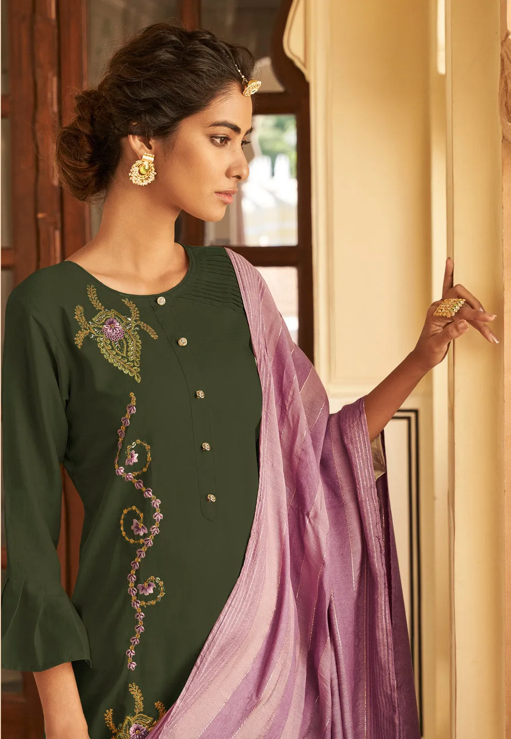 Green And Purple Embroidered Pakistani Pant Suit