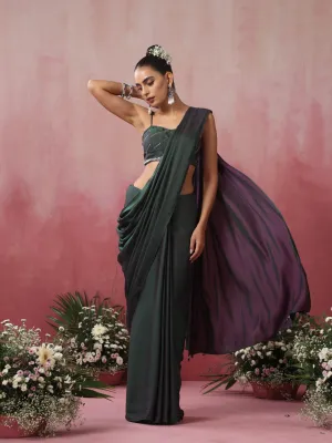 Green and Purple Soft Dual Shade Satin Saree with Hand Beaded Blouse Fabric