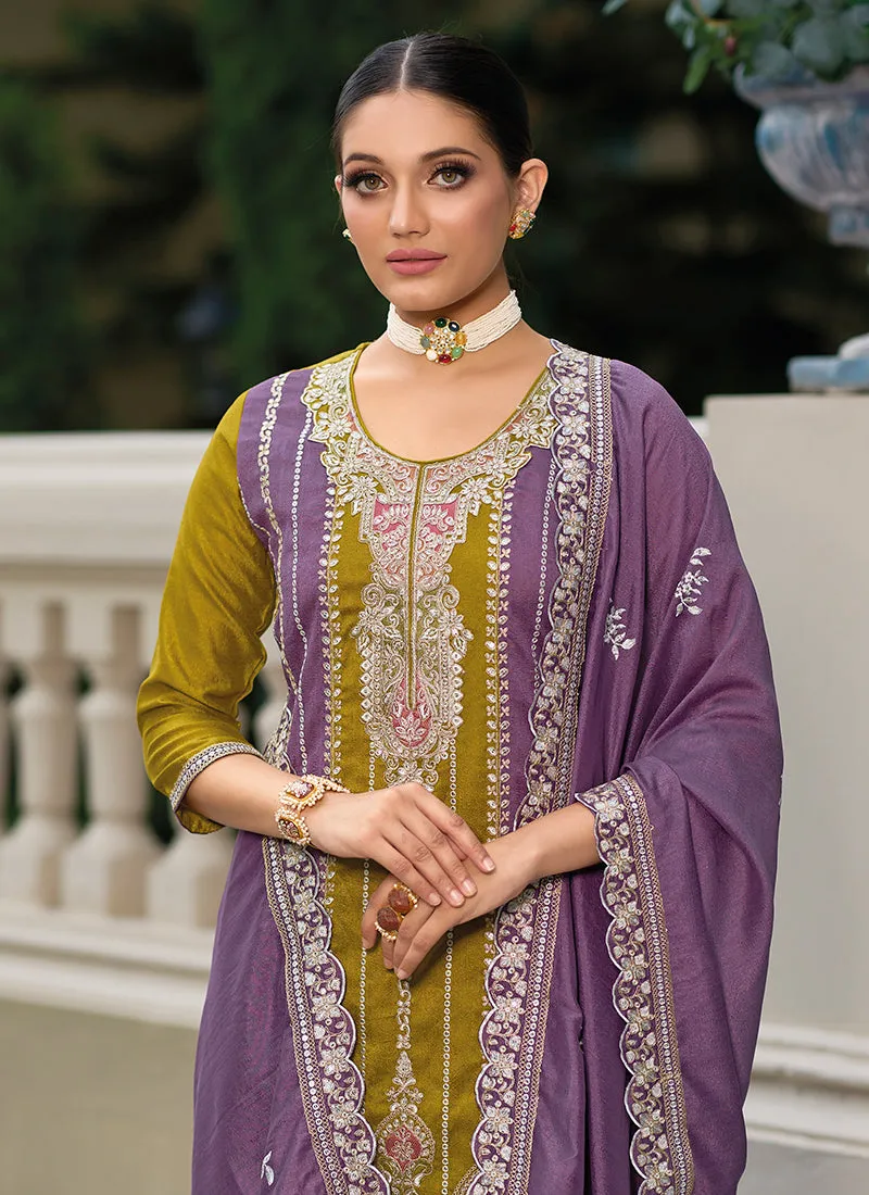 Green And Purple Traditional Embroidery Pant Suit