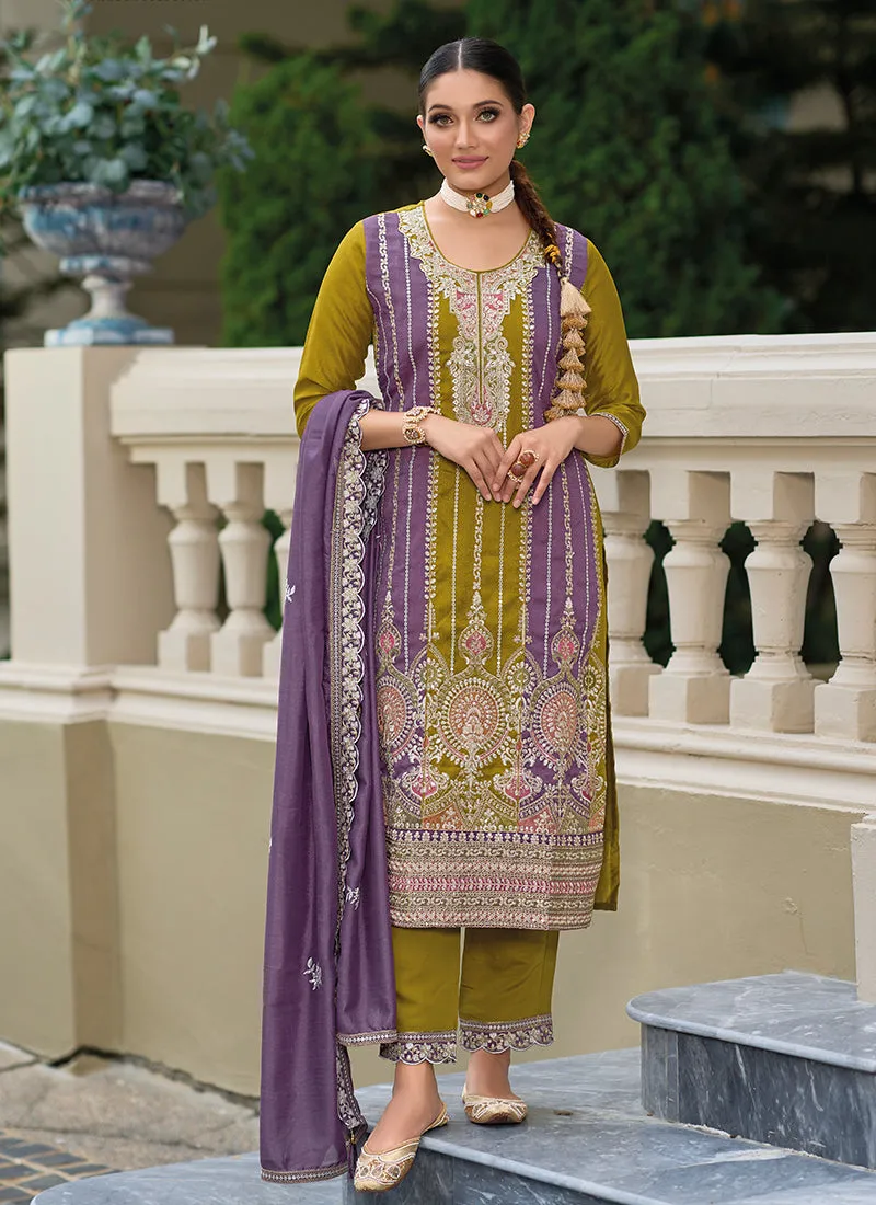 Green And Purple Traditional Embroidery Pant Suit