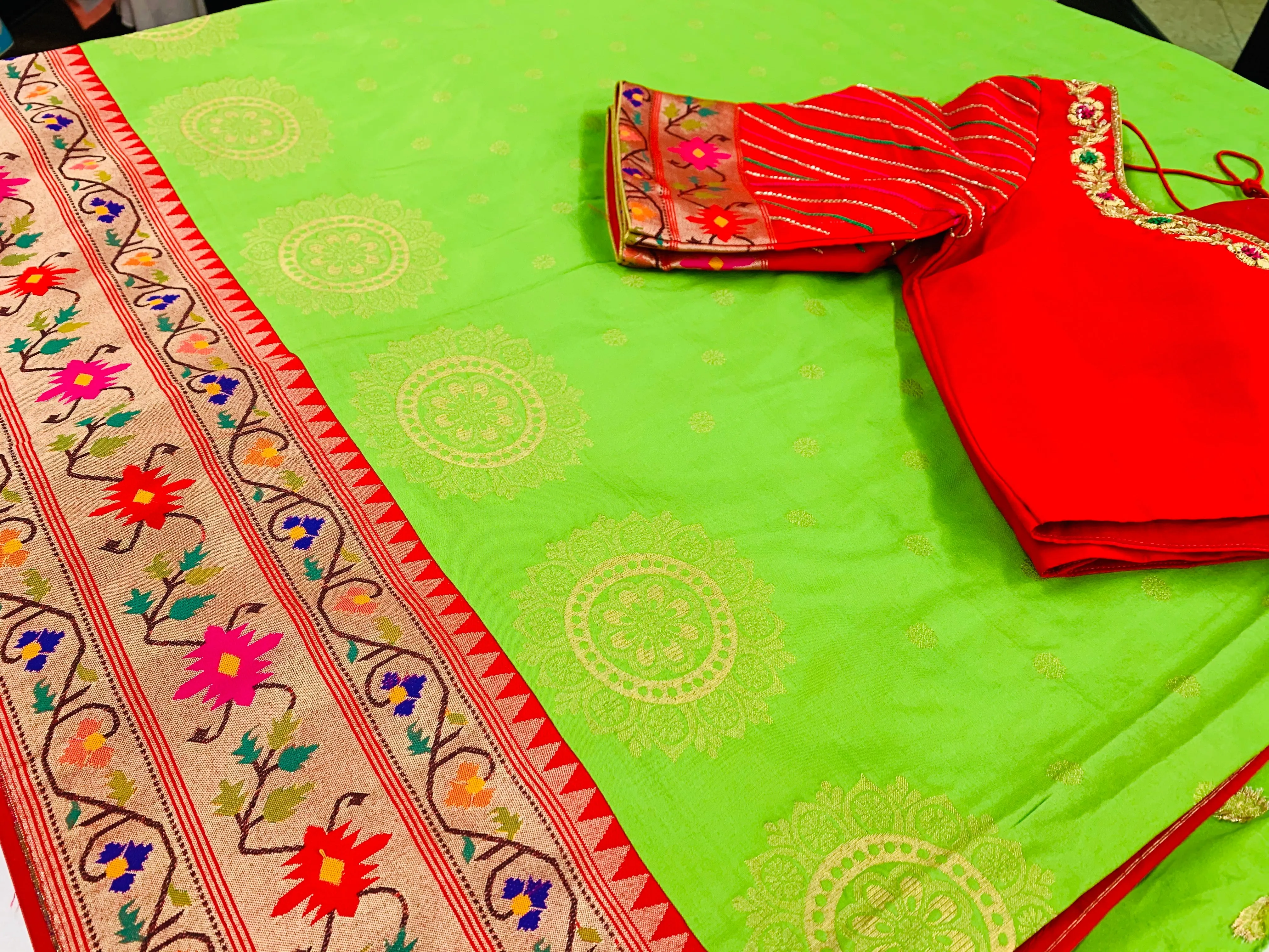 Green and Red Banaras Paithani Saree