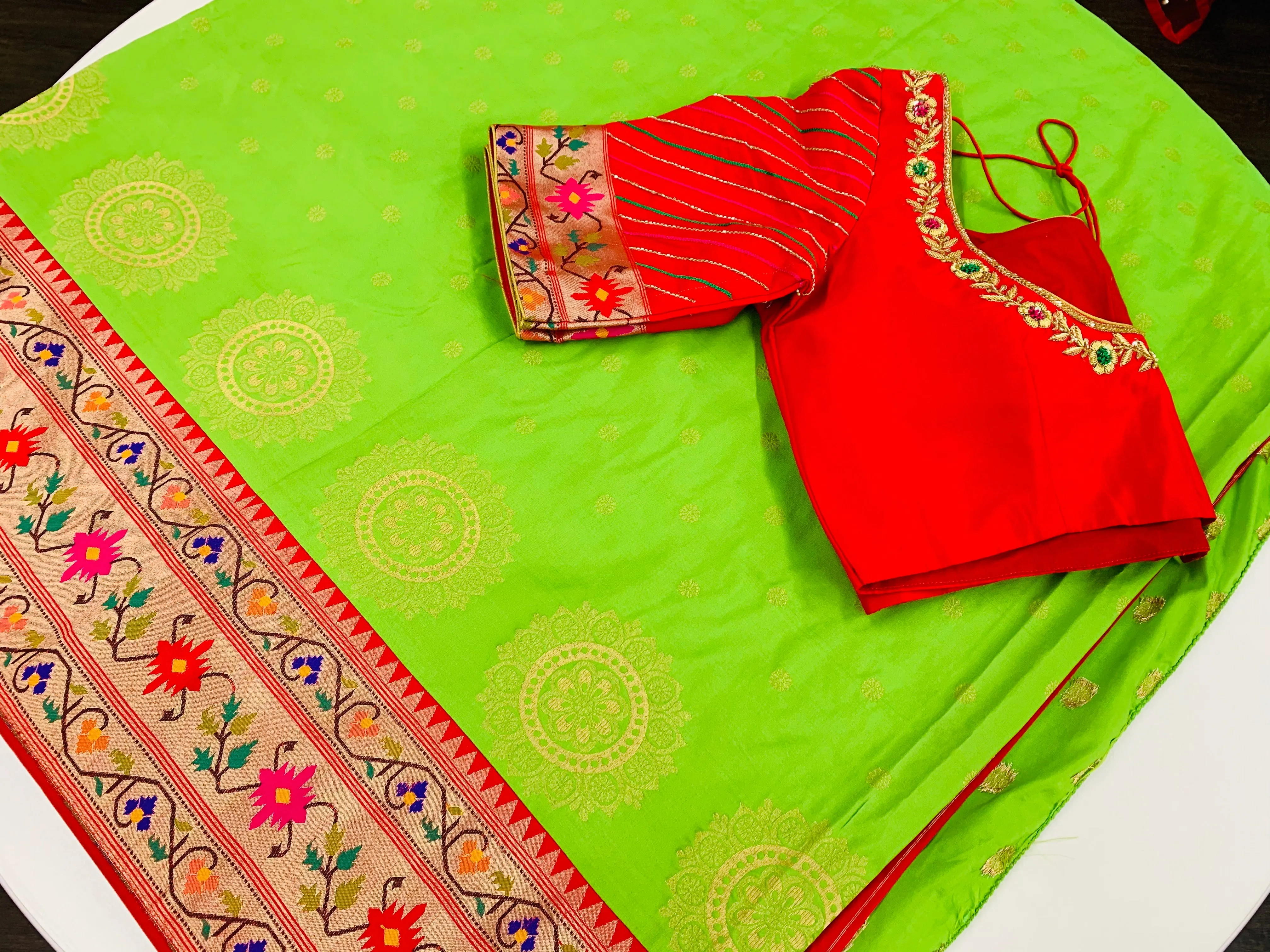 Green and Red Banaras Paithani Saree