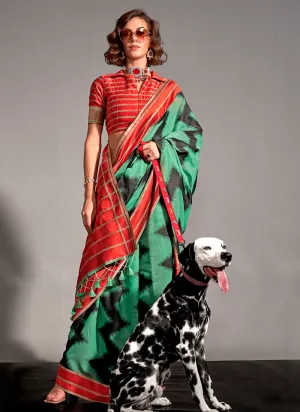 Green And Red Digital Printed Handloom Silk Saree