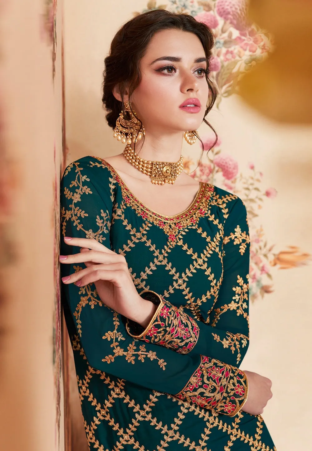 Green And Red Embroidered Gharara Palazzo Suit