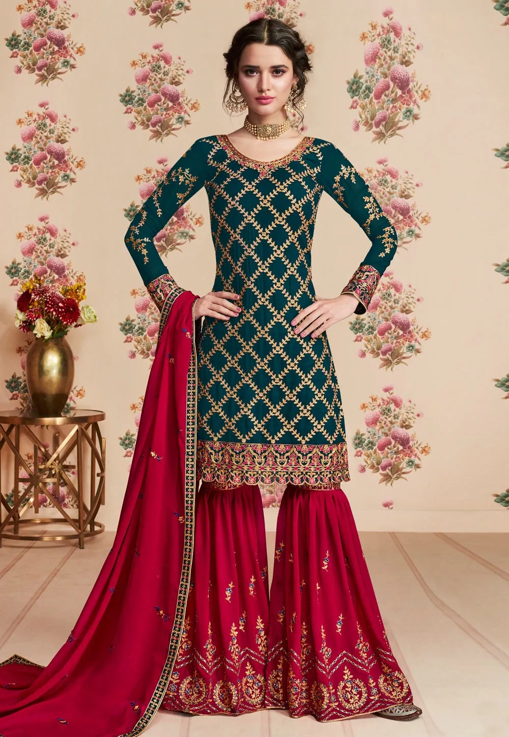 Green And Red Embroidered Gharara Palazzo Suit