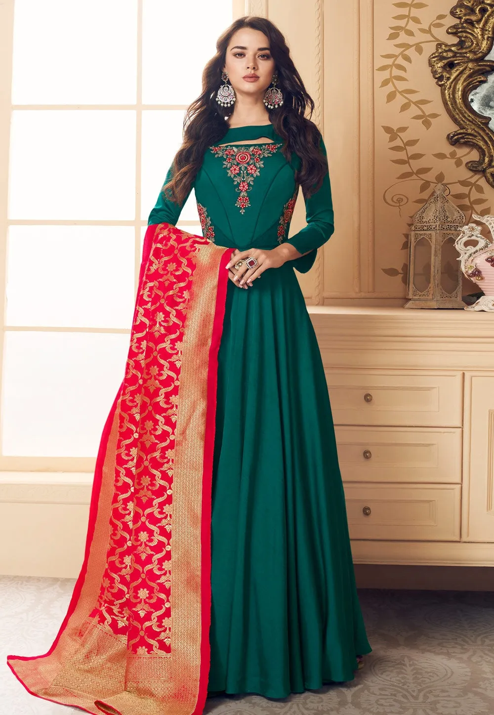 Green And Red Embroidered Satin Anarkali Suit