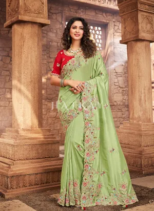 Green And Red Multi Embroidered Partywear Saree