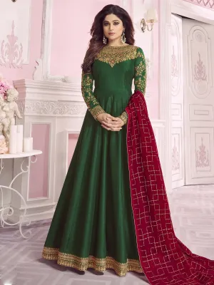 Green And Red Traditional Embroidered Anarkali Suit