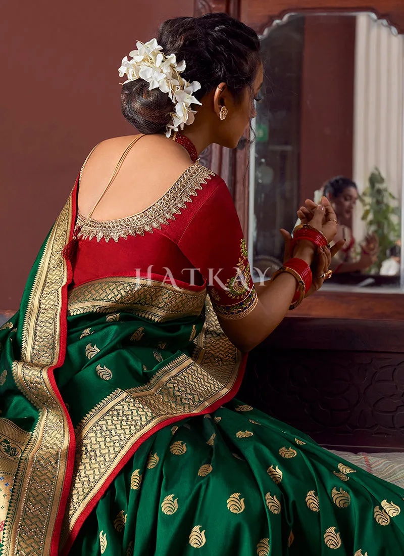 Green And Red Traditional Embroidered Silk Saree