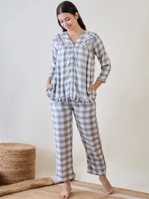 Green and White Checks Ruffled Cute Viscose Pyjama Set With Lace Detail