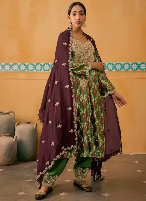 Green And Wine Embroidered Velvet Kurta Pant Suit