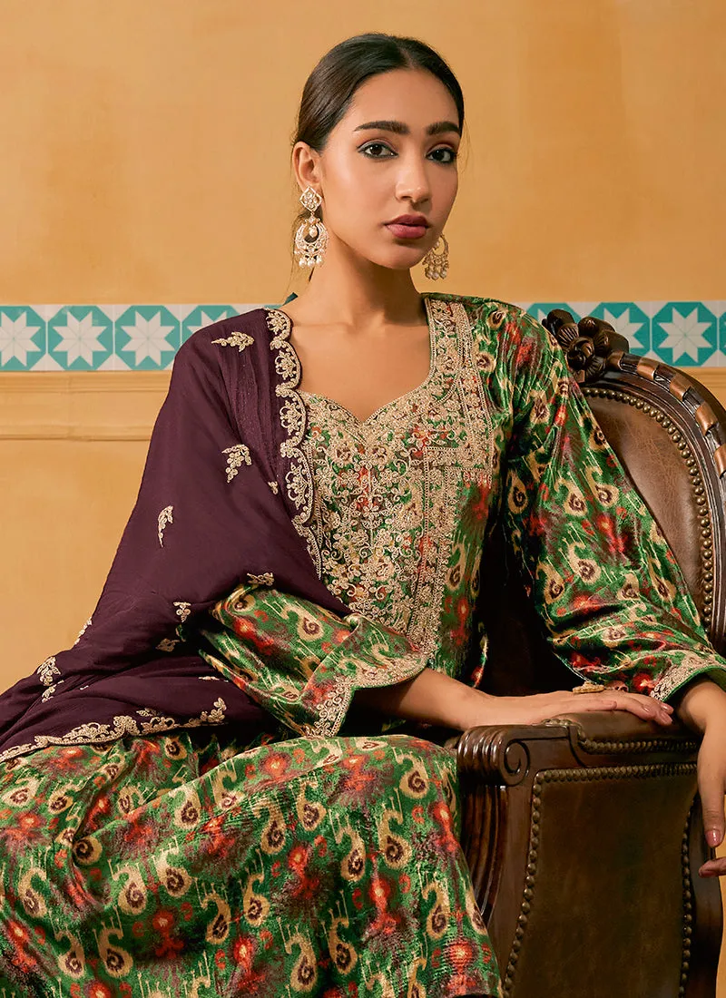 Green And Wine Embroidered Velvet Kurta Pant Suit