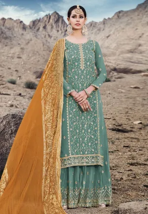 Green And Yellow Embroidered Palazzo Suit