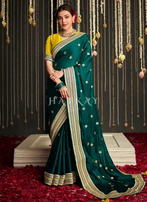 Green And Yellow Embroidered Satin Silk Saree