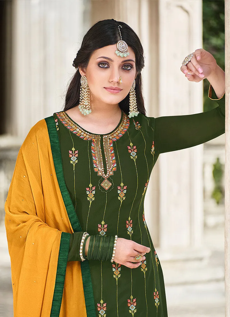 Green And Yellow Multi Embroidered Palazzo Suit