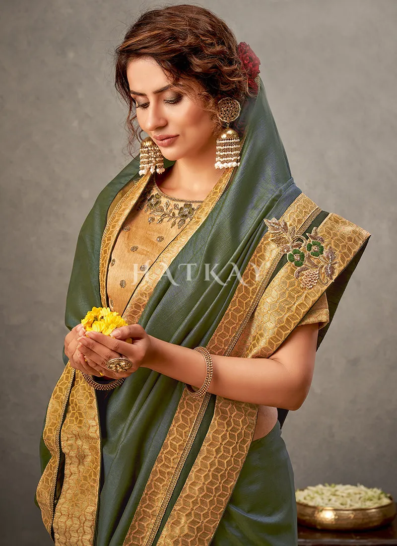 Green And Yellow Zari Embroidery Silk Saree