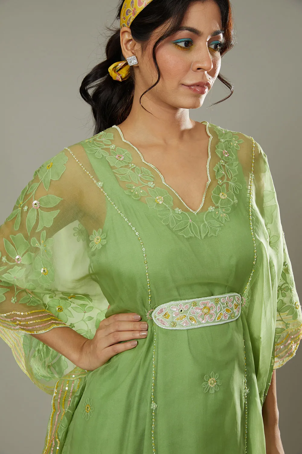 Green Apple Candy Applique And Hand Ebroidered Kaftaan Set