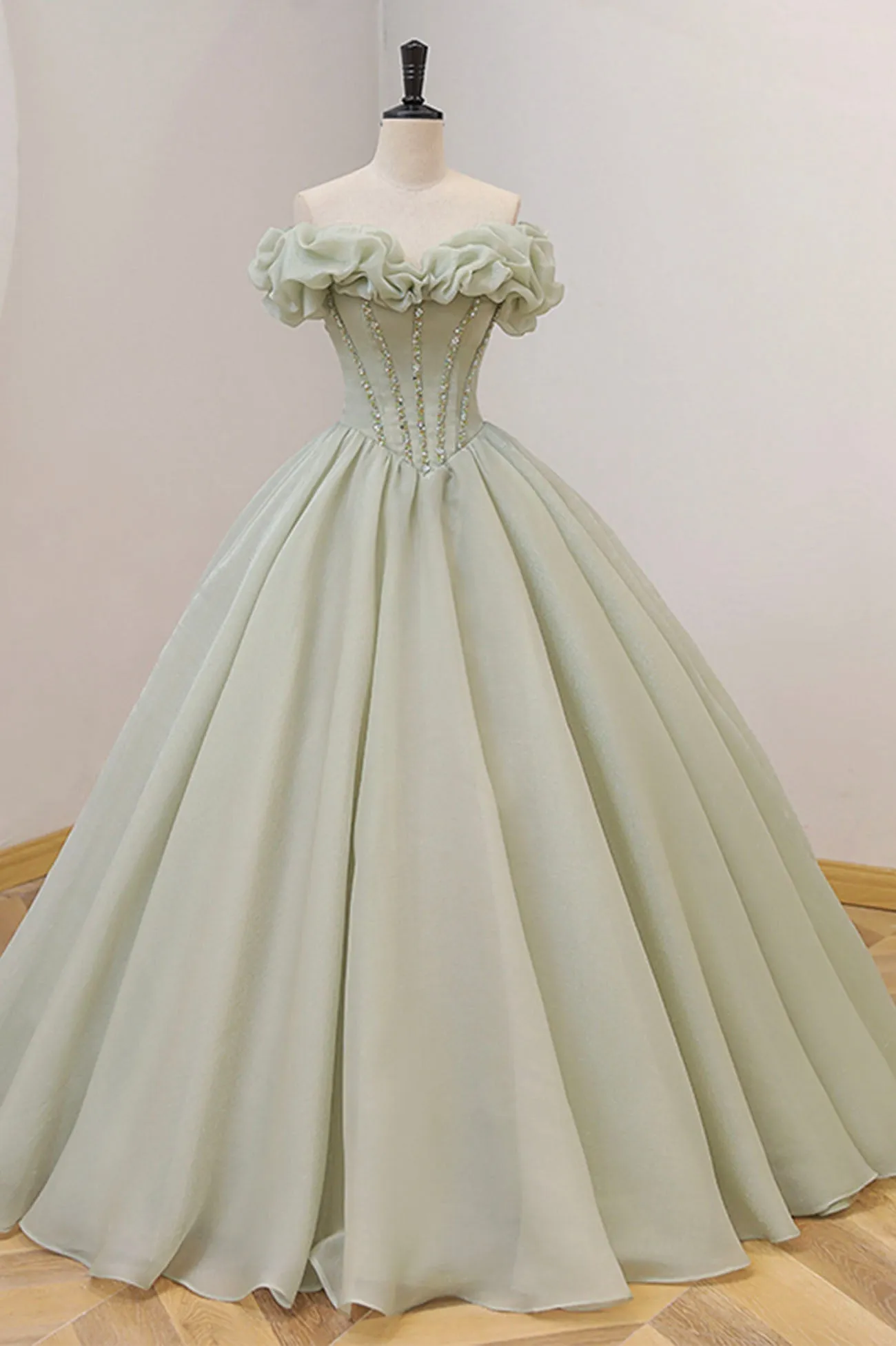 Green Ball Gown A-Line Off the Shoulder Evening Gown with Beaded