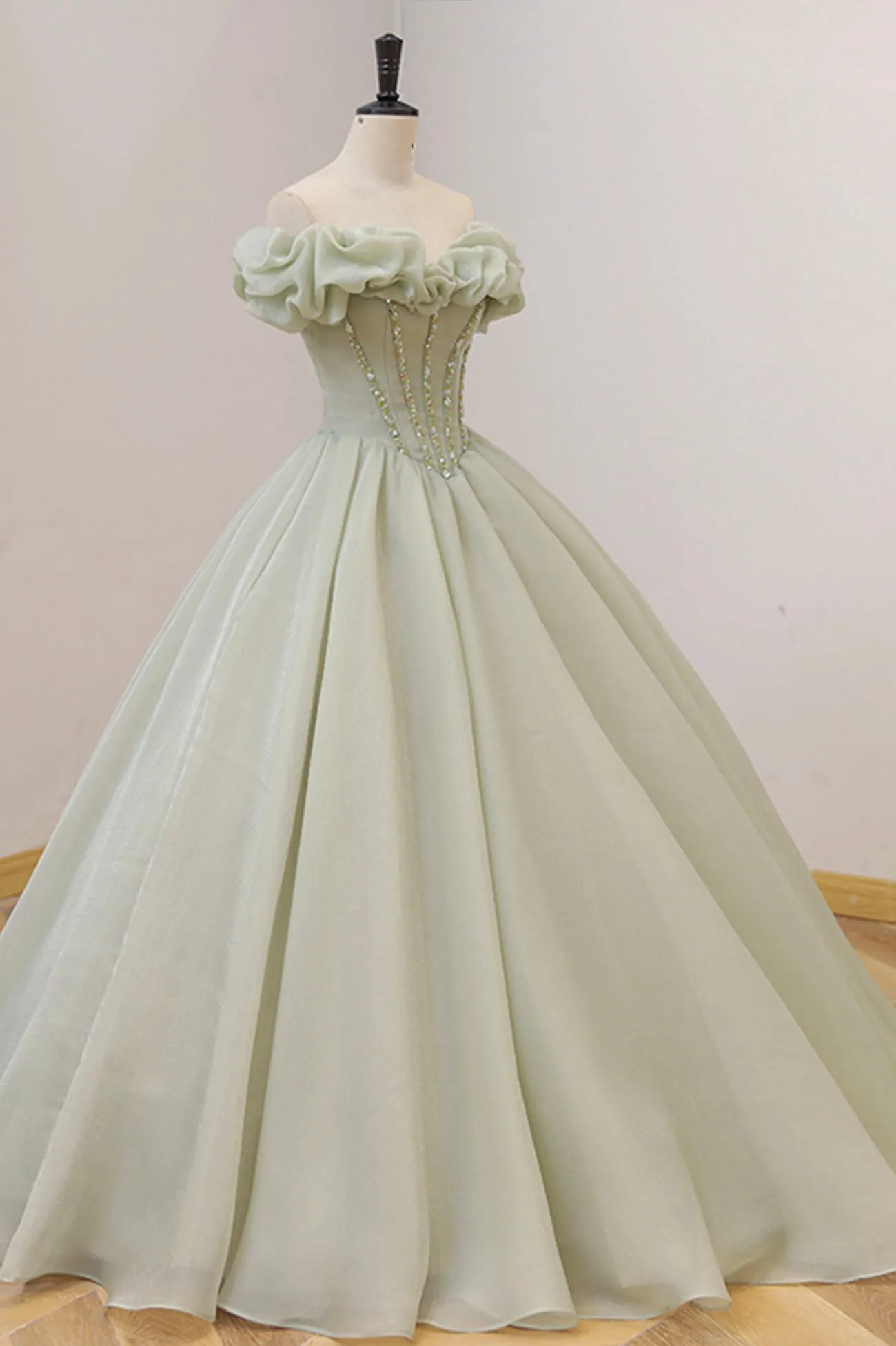 Green Ball Gown A-Line Off the Shoulder Evening Gown with Beaded