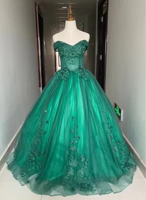 Green Ball Gown Tulle Off Shoulder with Lace Applique, Green Sweet 16 Dress Party Dress