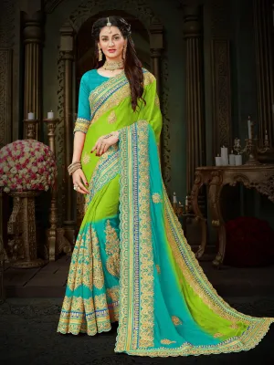 Green Bangalore Silk Saree With Light Blue Blouse