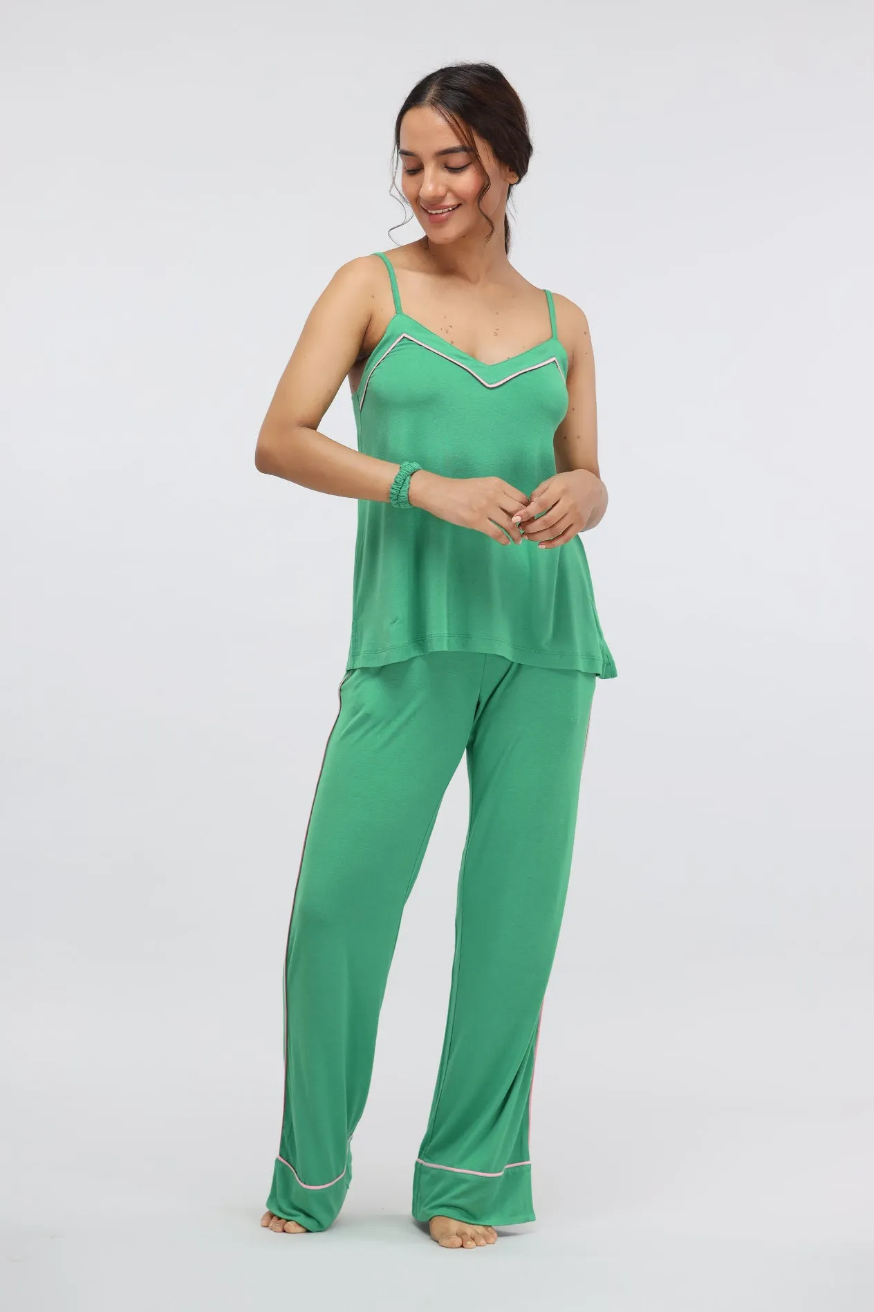 Green Bee Piping Modal Pajama Set with Tank Top