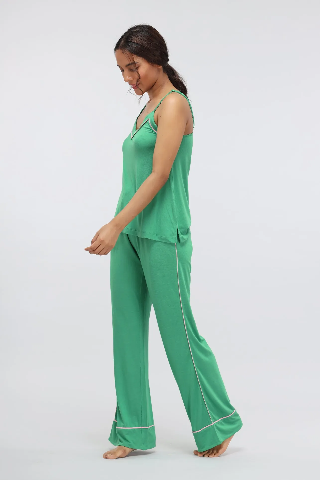 Green Bee Piping Modal Pajama Set with Tank Top