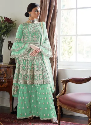 Green Beige Multi Embroidered Designer Gharara Suit