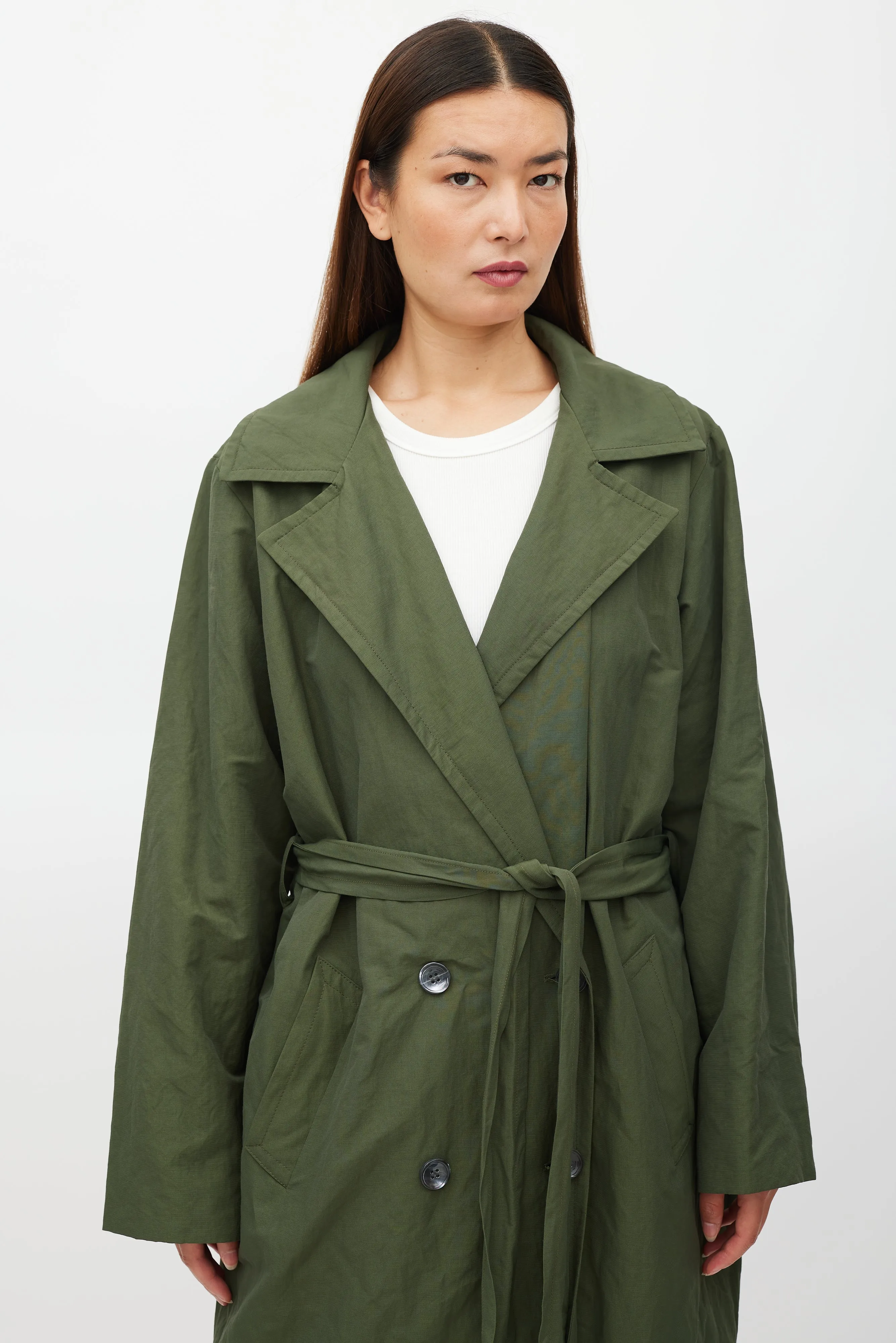 Green Belted Two Pocket Trench Coat