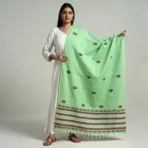 Green - Bengal Kantha Embroidery Khes Handwoven Cotton Dupatta with Tassels 23