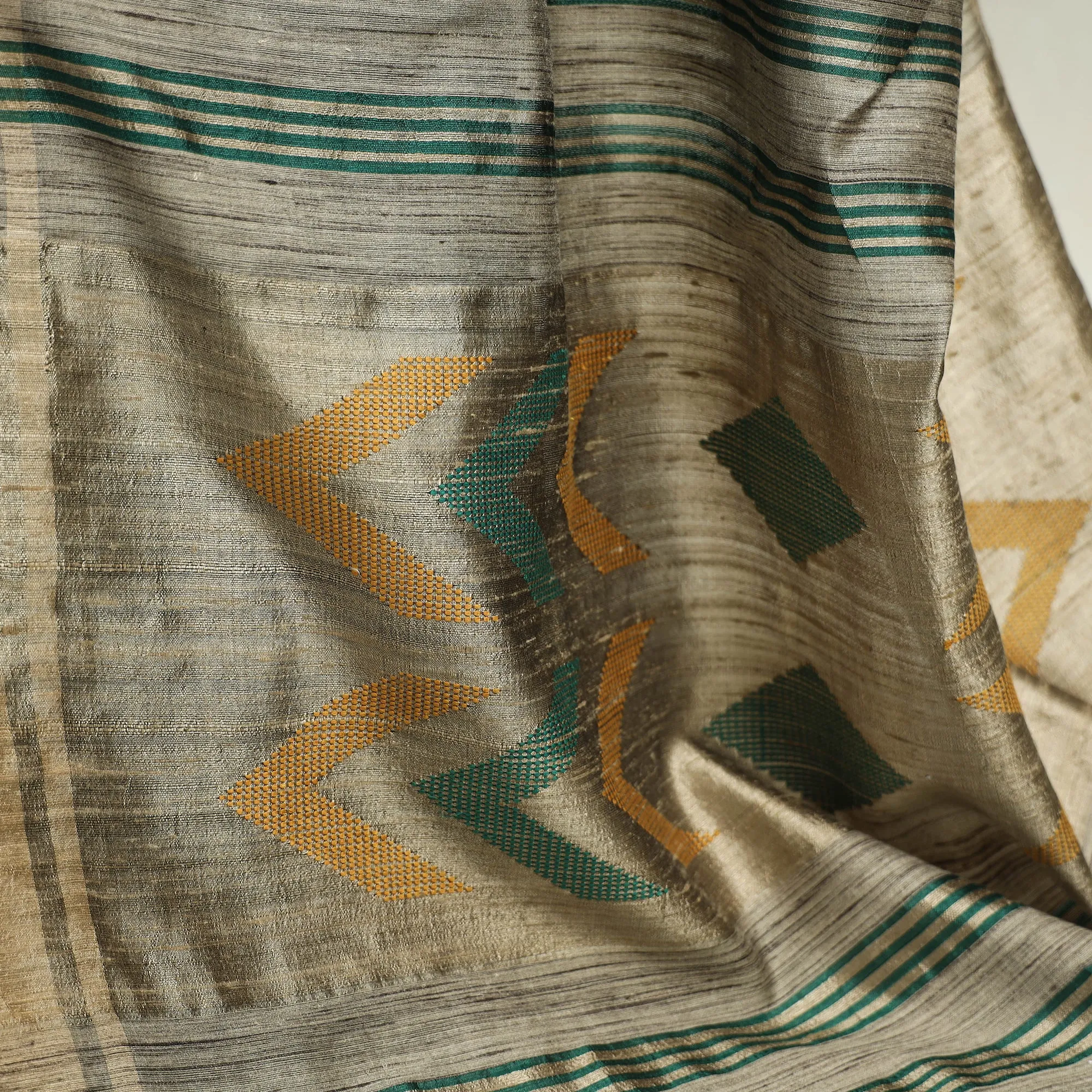 Green - Bhagalpuri Handloom Desi Tussar Silk Zari Border Saree