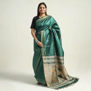 Green - Bhagalpuri Handloom Desi Tussar Silk Zari Border Saree