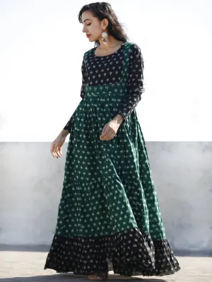 Green Black Ivory Hand Woven Mercerized Cotton Ikat Tier Dress - D135F1289